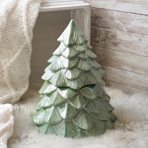 QVC HomeWorx by Harry Slatkin green Iridescent Ceramic 14oz. Tree Candle NWT